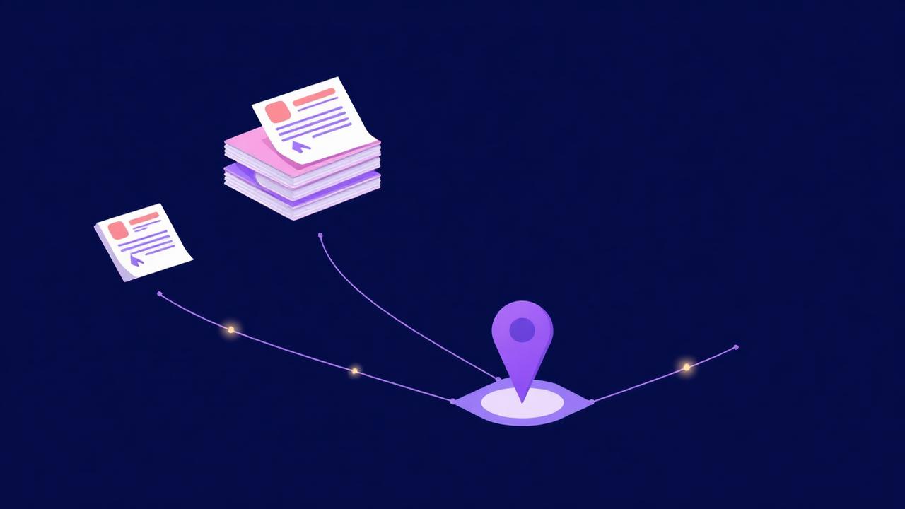 Stacked directory listing cards connected to a central map pin representing local citation network
