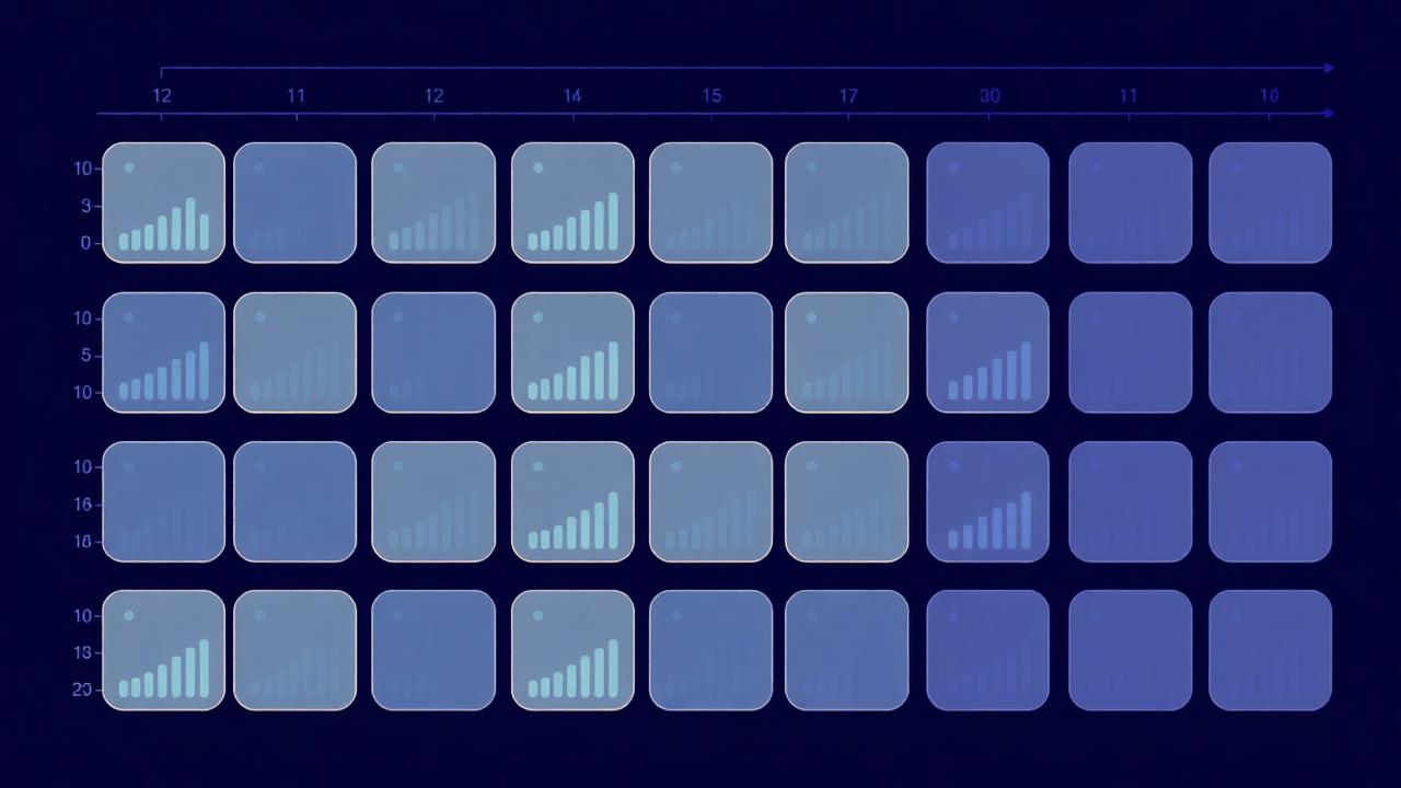 Grid of tracked AI prompt cells with small bar charts representing weekly mention scores